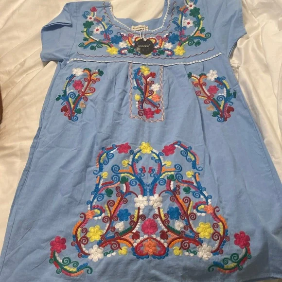 Yzxdorwj | Dresses | Hand Embroidered Peasant Dress Blue Floral | Poshmark